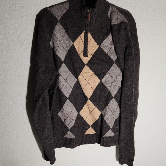 J Crew Sweater Mens Size L Lambs Wool Argyle Sweater Gray Tan - Picture 1 of 10
